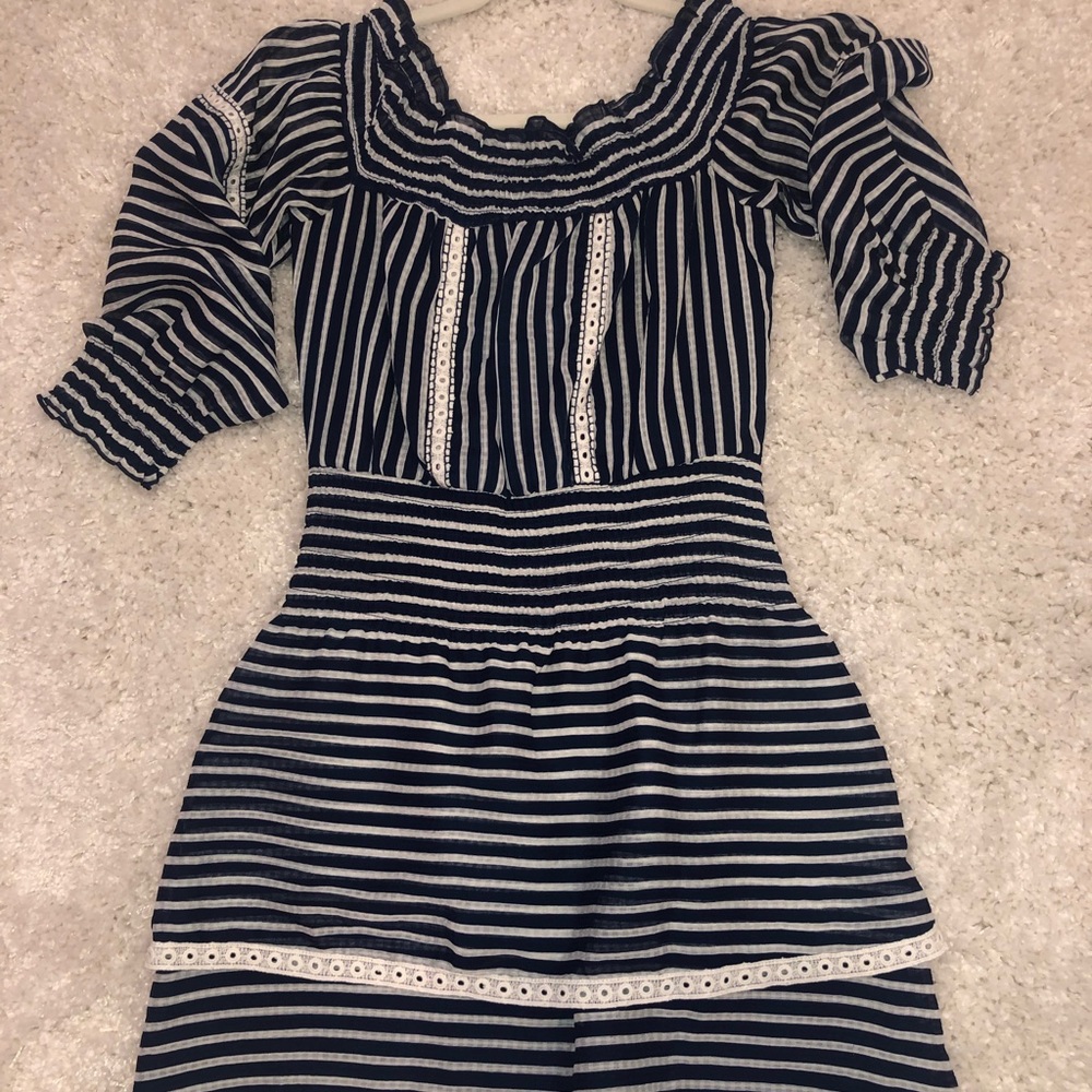 Parker navy and white off the shoulder dress